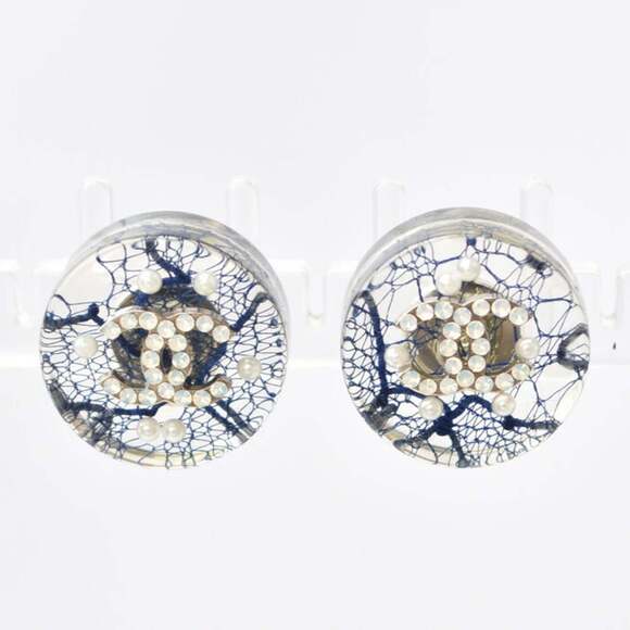 CHANEL Authentic Blue Pearl Logo Earrings